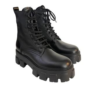 Prada Monolith Leather and Nylon Black Lug Sole Lace Up Boots Size 40